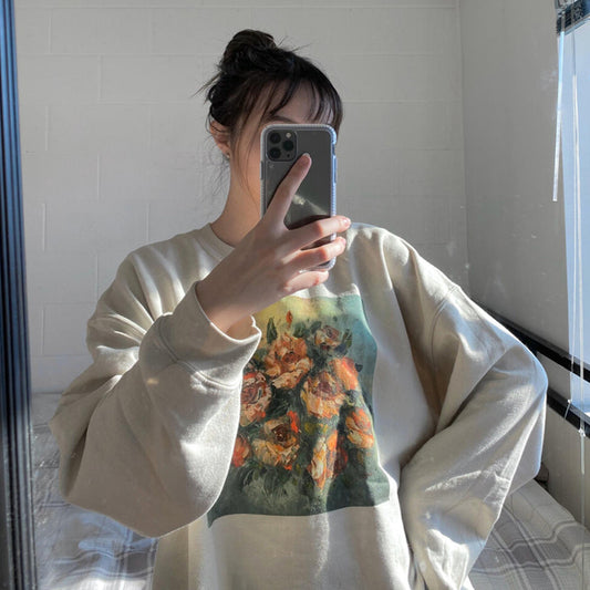 Retro Oil Painting Flower Sweater Women's Loose Sleeve Top