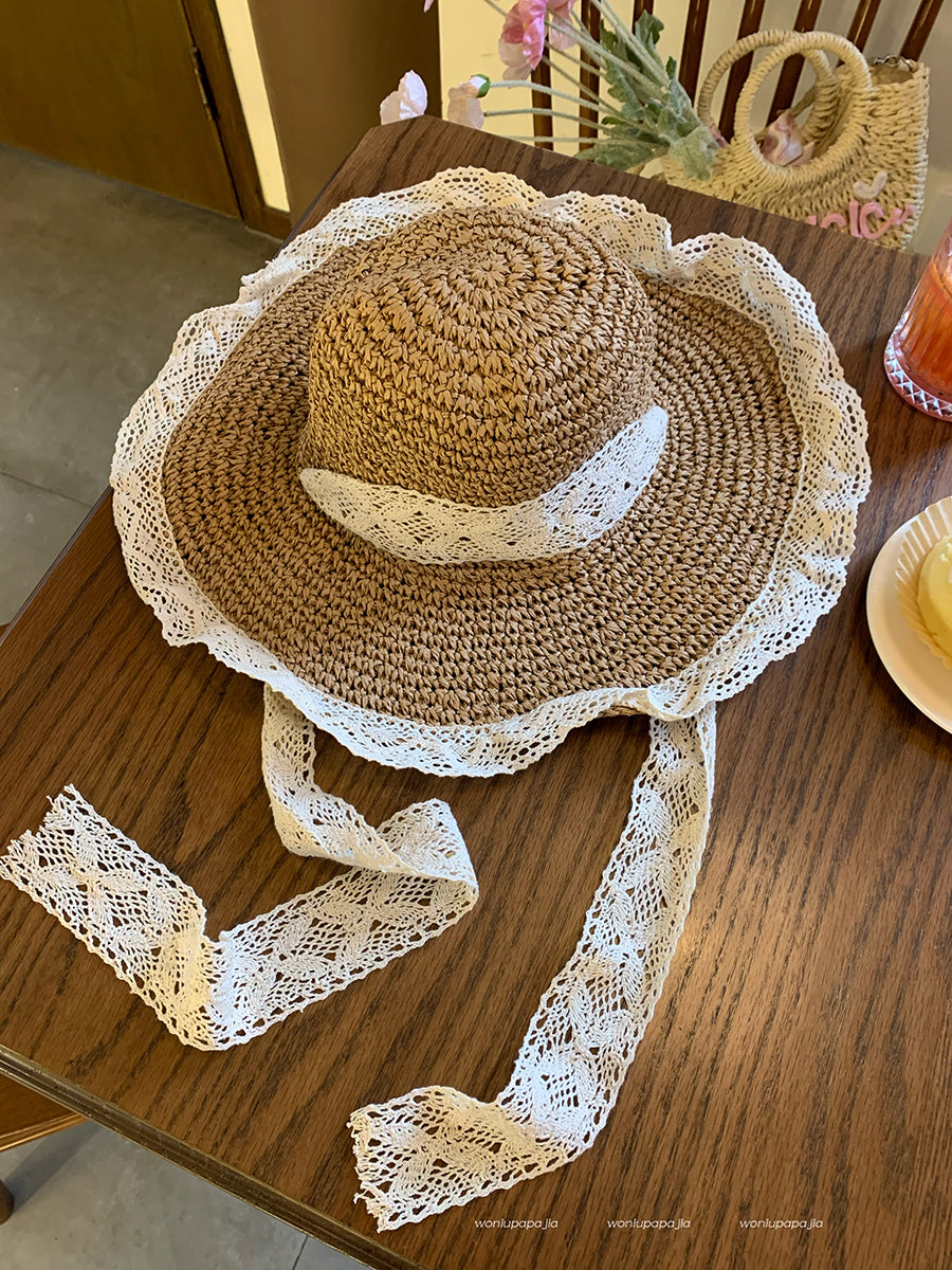 Big Brim Sun-proof Straw Hat Female Summer Seaside Breathable Lace Up