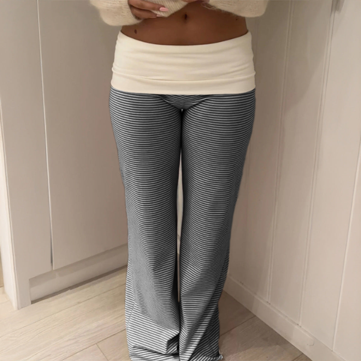 European And American-style Casual Resort Striped Belted Trousers For Women