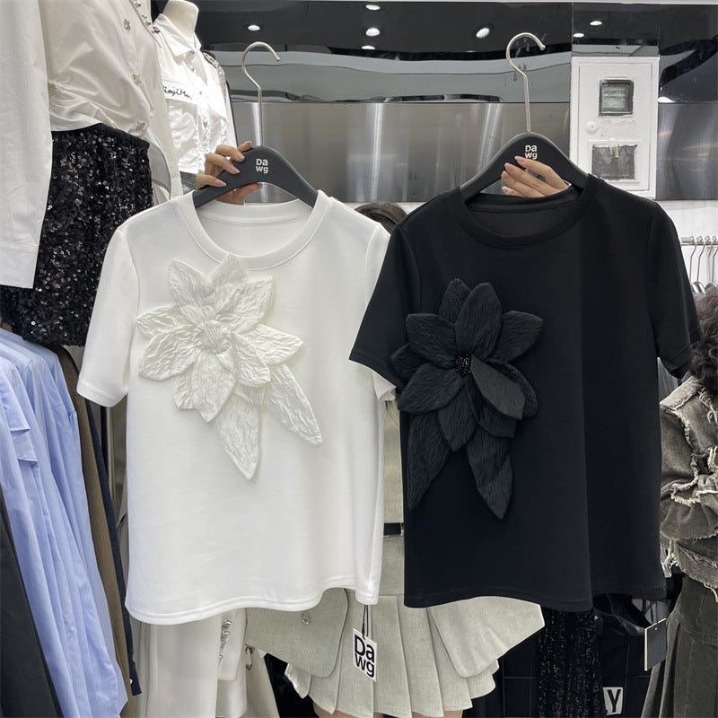 Tredimensionel blomster-air-layer kortærmet T-shirt til kvinder