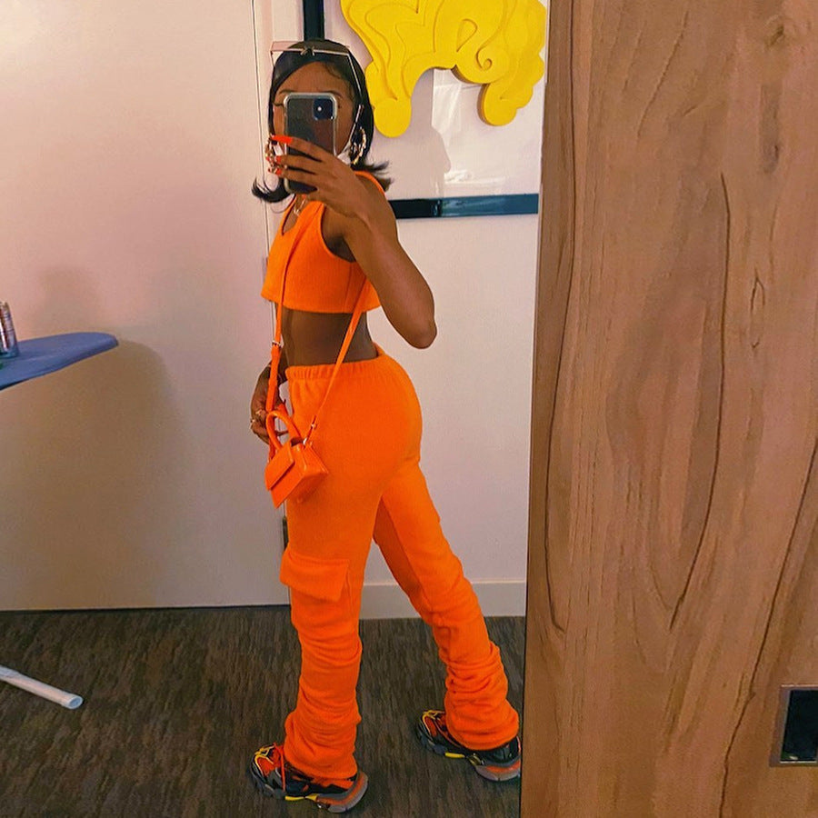 Pure color high waist street shooting all-match casual pile pile pants