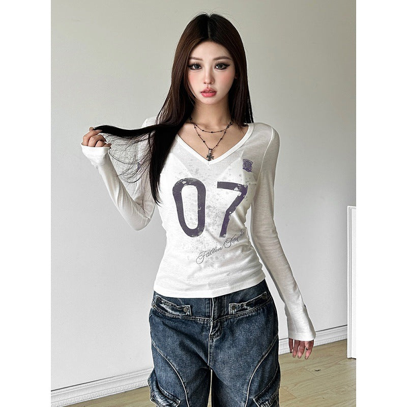 Girl-group-style Color-block Letter-print V-neck Long-sleeve T-shirt