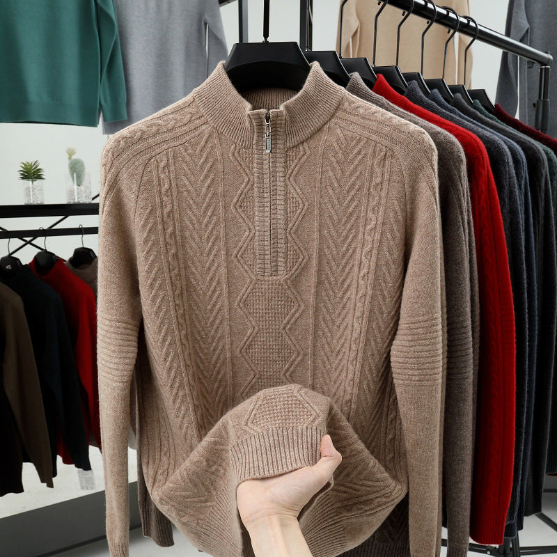 Wool  Men's Sweater Half Turtleneck Zipper Sweater