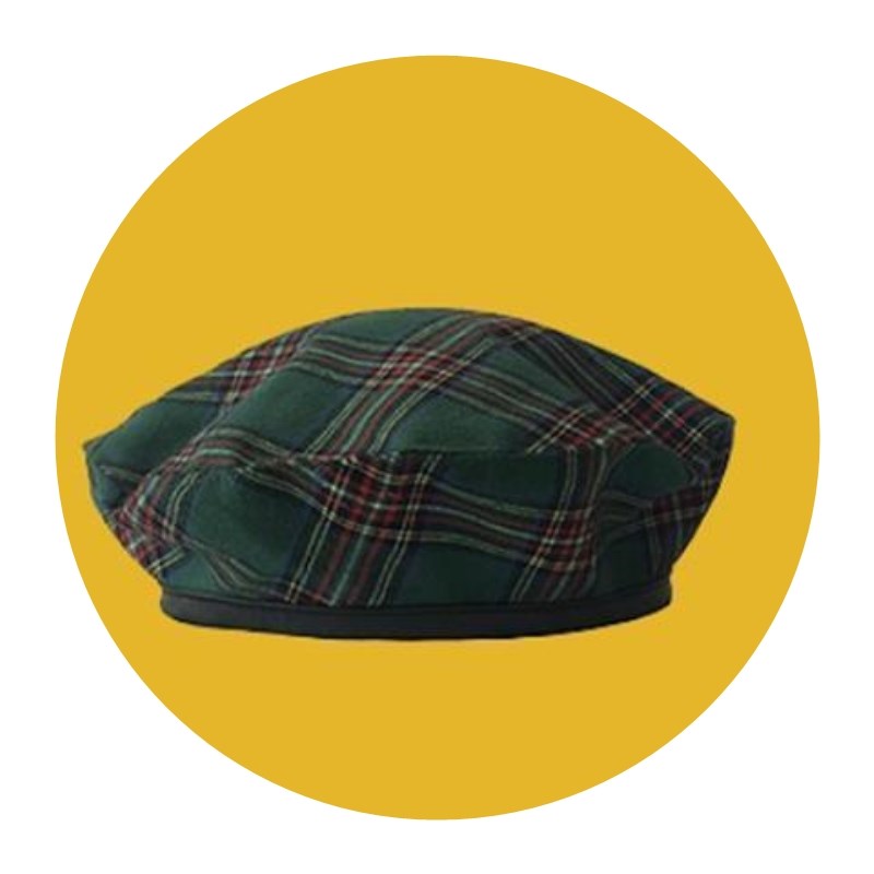 Rød western-inspireret britisk skotskternet baret med læderkant, der matcher det hele, japansk retro malerhat