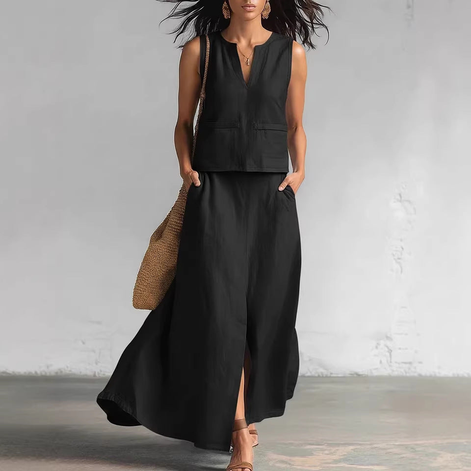 Simple And Elegant Two-piece Set Featuring A V-neck Top And A Skirt