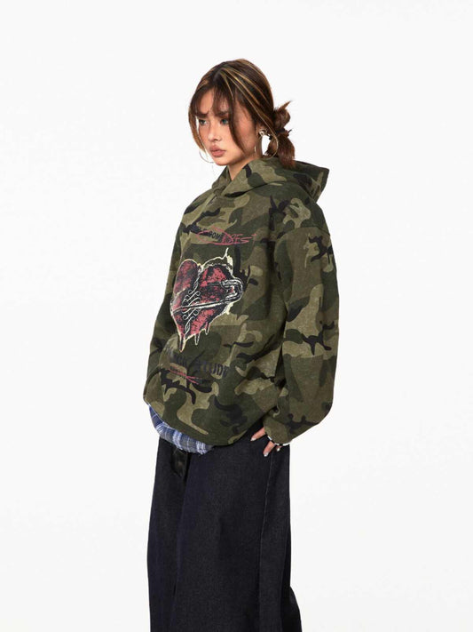 Retro Love Camouflage Hættetrøje Løs Pullover Top