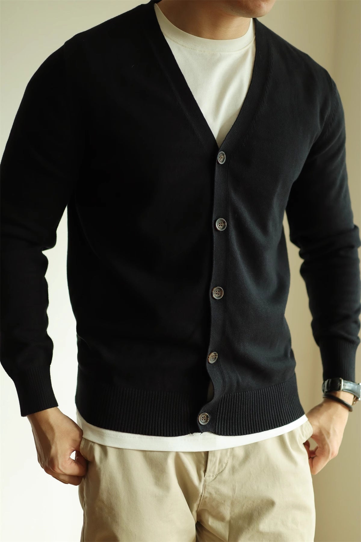 Knit Cardigan Coat Slim-fit Long Sleeve Solid Color And V-neck 100 Cotton