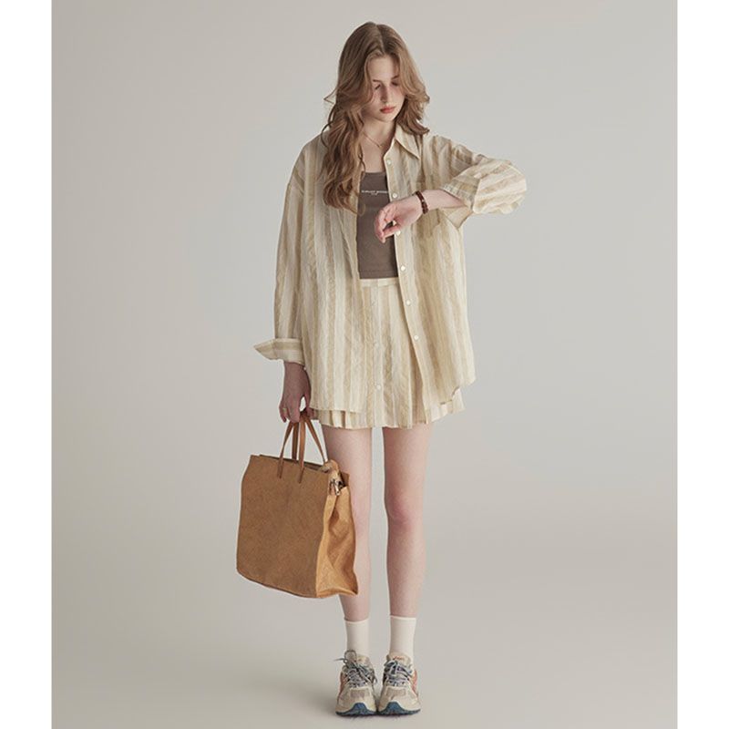 Summer High-grade Sun-proof Set Women's Loose Design Light Striped Shirt Top Temperament Waist-controlled Short Skirt