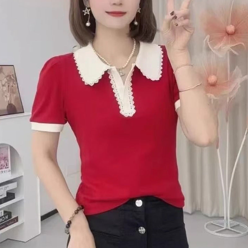 Lace-trimmed Turn-down Collar Slimming Short-sleeve Top