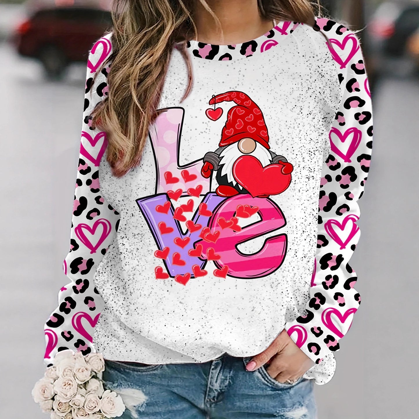 Plus Size Women's Printed Holiday Long Sleeve T-shirt