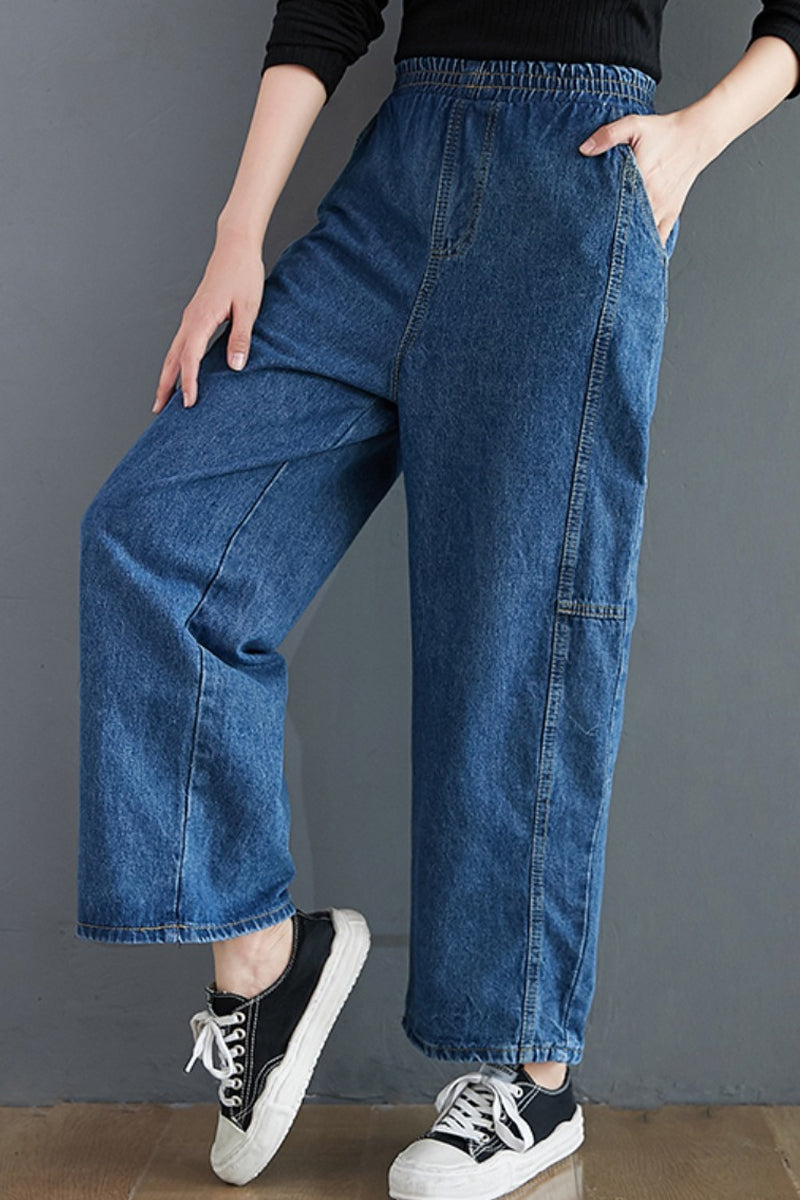Loose And Tight Waist Solid Color Pocket Straight Pants