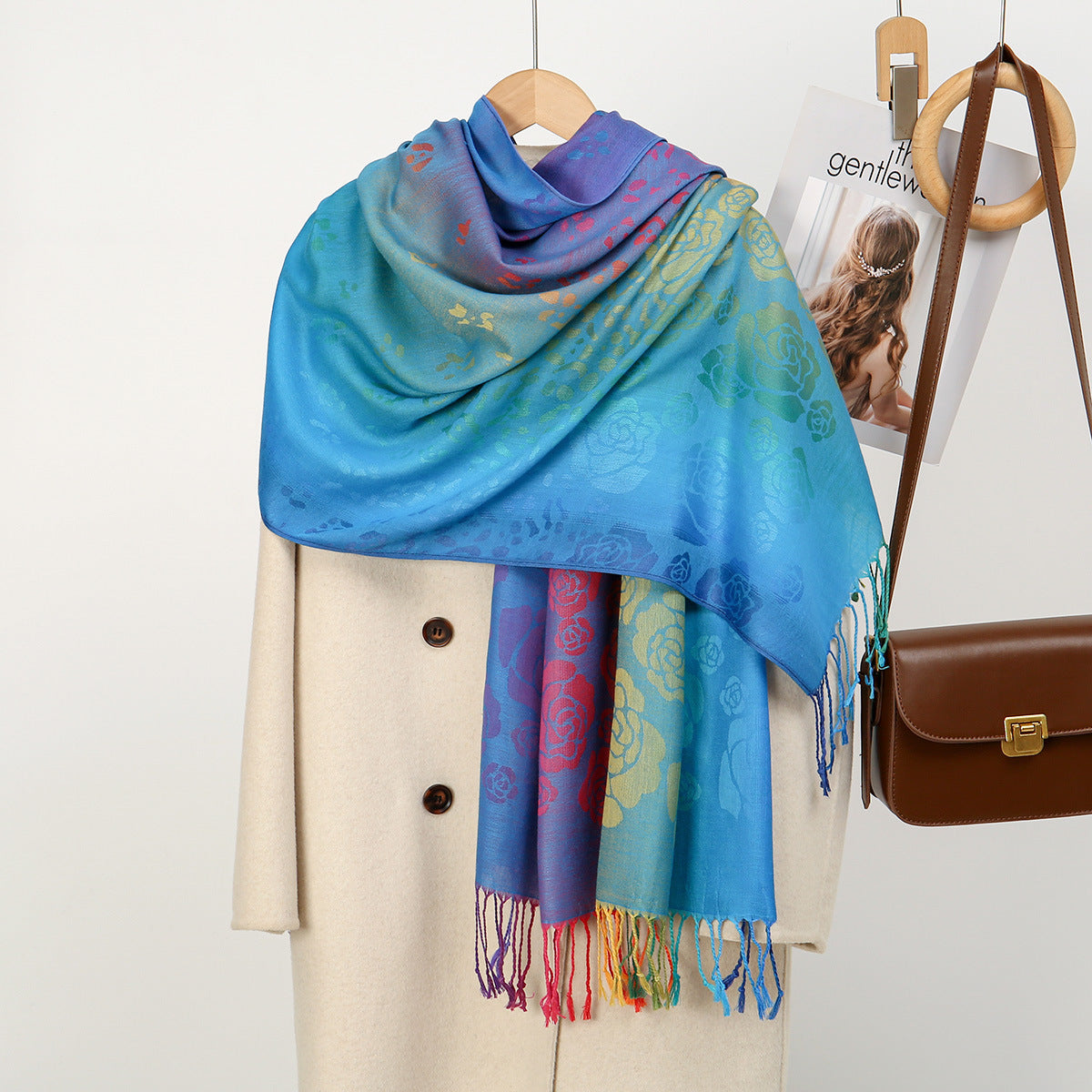 Womens Ethnic-Style Gradient Embroidered Colorful Cashew Tassel Shawl