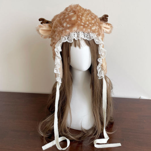 Girls Dress Up Plush Elk Warm Earflaps Cap