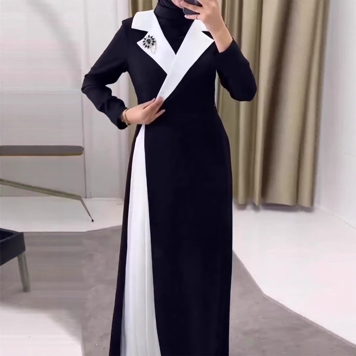 Women Fashion Color Contrast Stitching Pleated Dubai Robe Dress Female