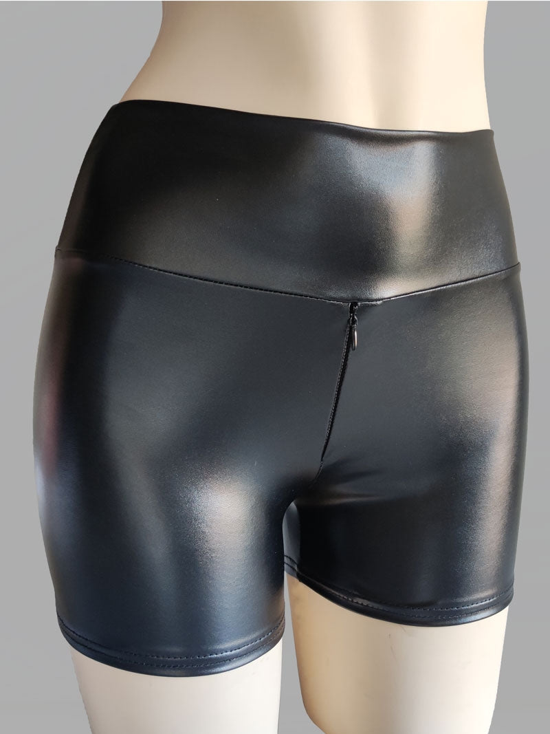 Leather Shorts Invisible Zipper Crotch Patent