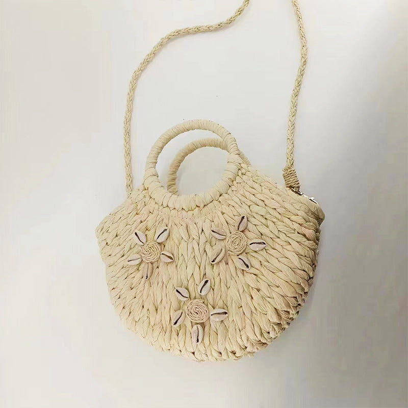 Straw Braided Bag Hand-held Half-round Shell Woven