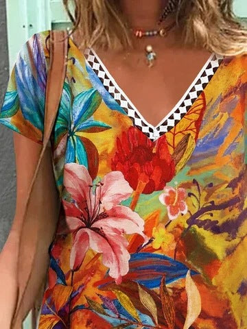 Sommer printet kortærmet V-hals T-shirt til kvinder