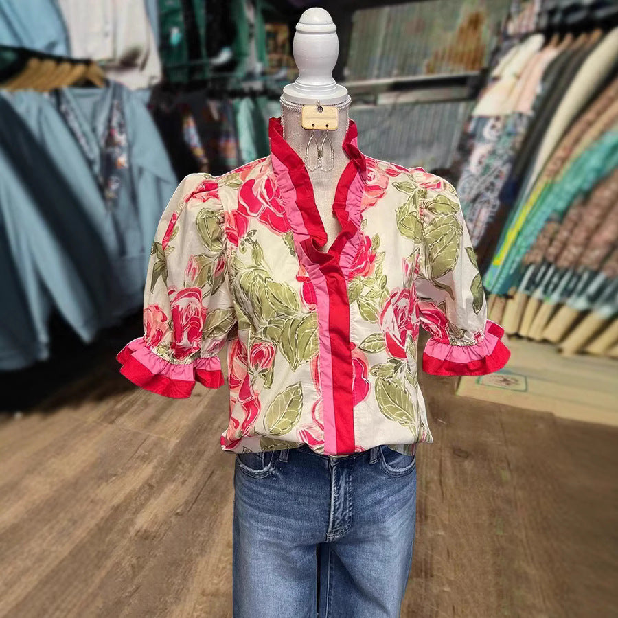 Womens Casual Loose-fitting Fashionable Color-block Printed Top