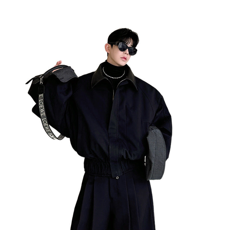Pure Cotton Collar With Color-blocking Plaid Silhouette And Turn-up Sleeve Jacket