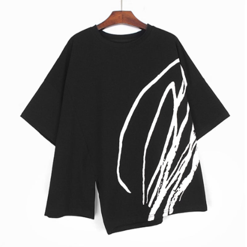 Graffiti Printing Women's Loose Versatile Personality Split Casual Short Sleeve