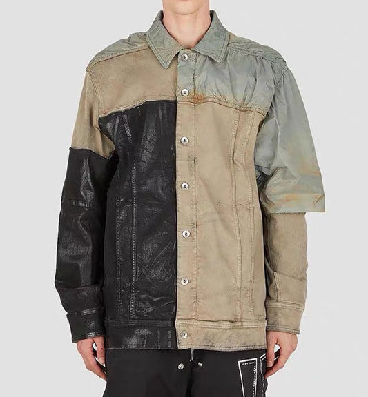 Worn Looking Washed-out Splicing Coating Brush Wax Deconstruction Denim Jacket Coat
