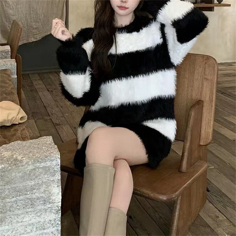 Retro Loose Thick Idle Style Soft Sticky Striped Sweater