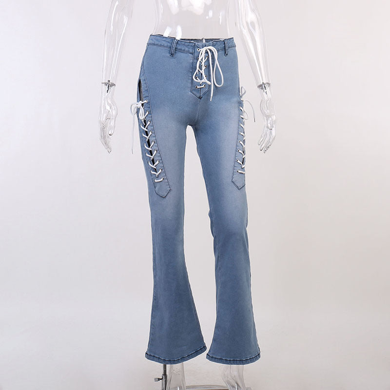 Cutout Statement Strapping Straight Leg Flared Jeans