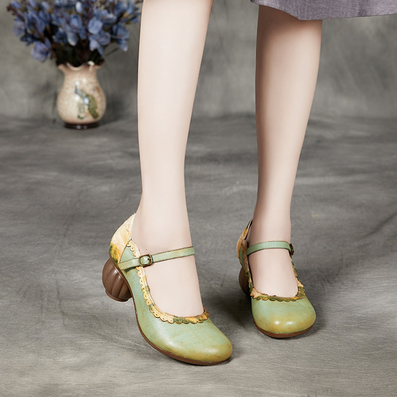 Horseshoe heel round toe leather women's shoes