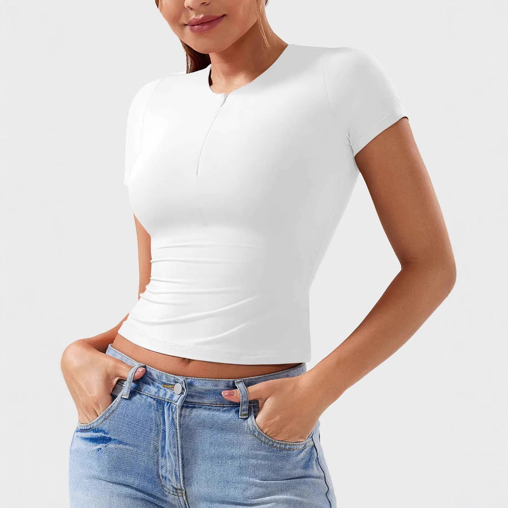 Slim Fit Moderne Yoga Kortærmet Halvlynlås Top