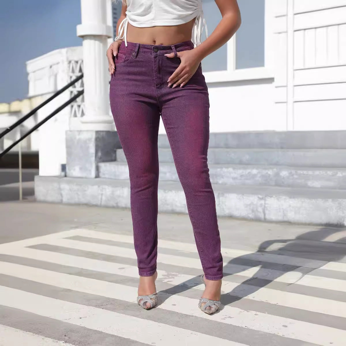Washed Skinny Pants High Waist Women's Jeans
