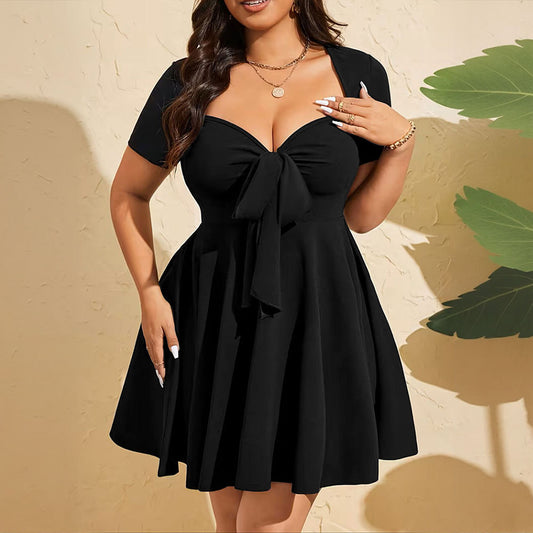 Pleated Tie-Up V-Neck Short-Sleeve A-Line Mini Dress