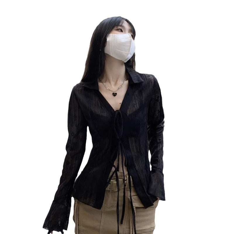 Summer Cardigan Semi See-through Chiffon Lace-up Air Conditioning Shirt