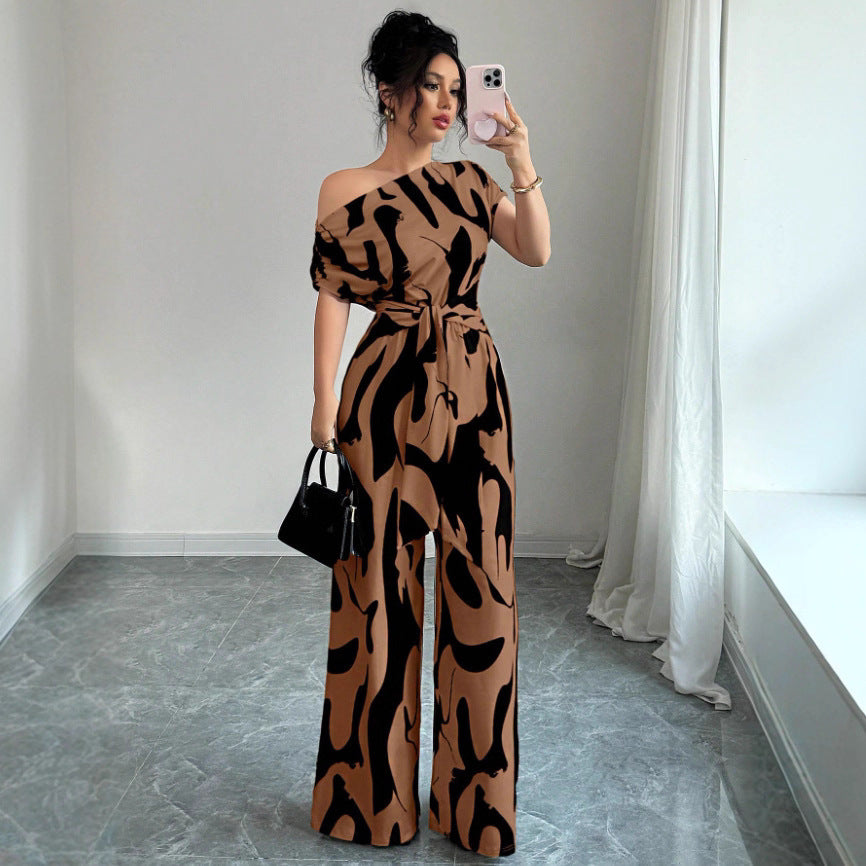 Vacation Style Slant Shoulder Strap Wide Leg Jumpsuit