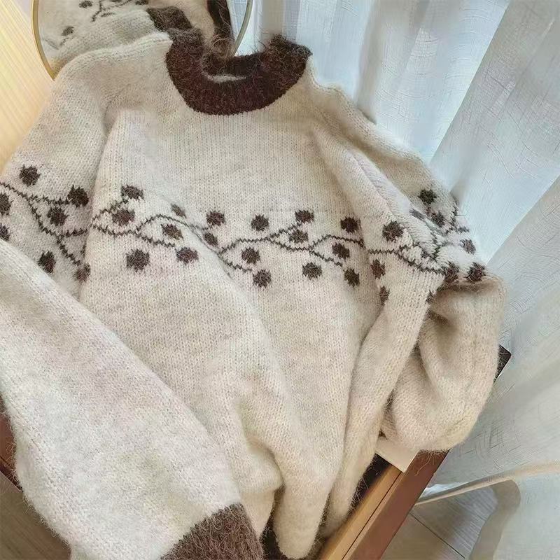 Korean Style Round Neck Jacquard Color Matching Niche Design Sweater