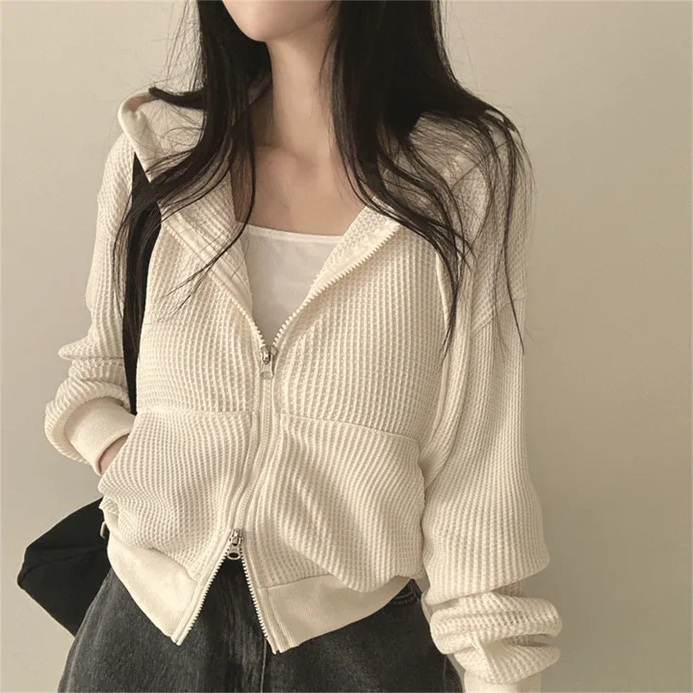 Korean Style Hooded Thin Waffle Sweater