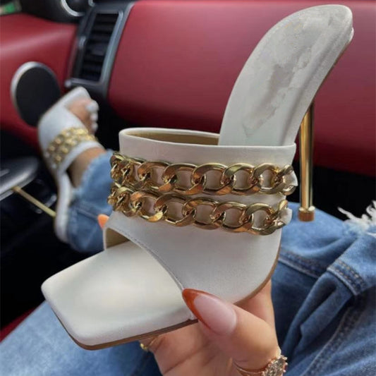 New European And American Stiletto Double Metal Chain Wish Large Size Sandals And Slippers