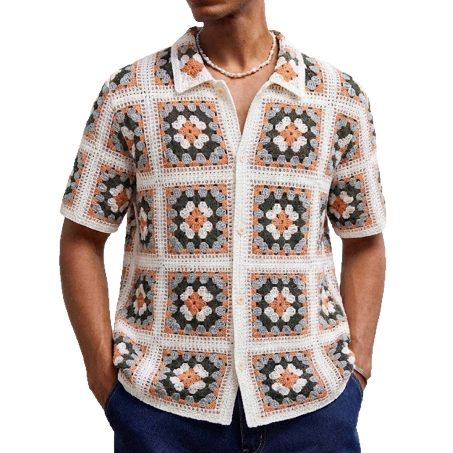 Color-blocked, Openwork, Lapel-neck Short-sleeve Knit Top