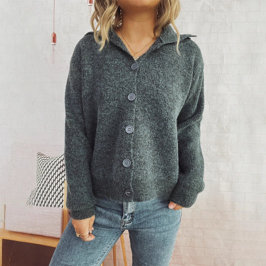 Simple Commute Solid Color Knitted Cardigan Lapel Long Sleeve Single-breasted Sweater