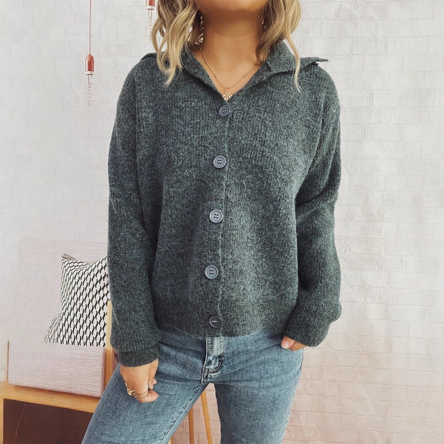 Simple Commute Solid Color Knitted Cardigan Lapel Long Sleeve Single-breasted Sweater