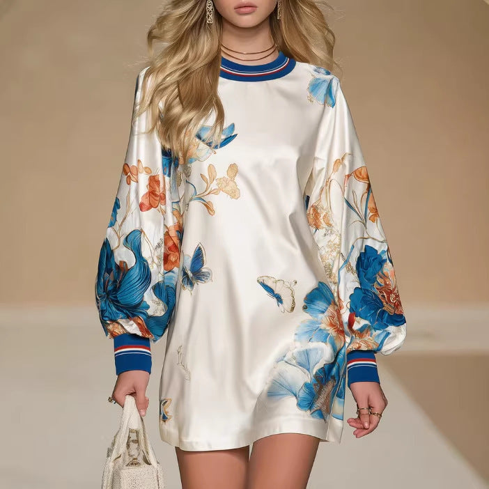Satin Positioning Printed Lantern Sleeve Dress