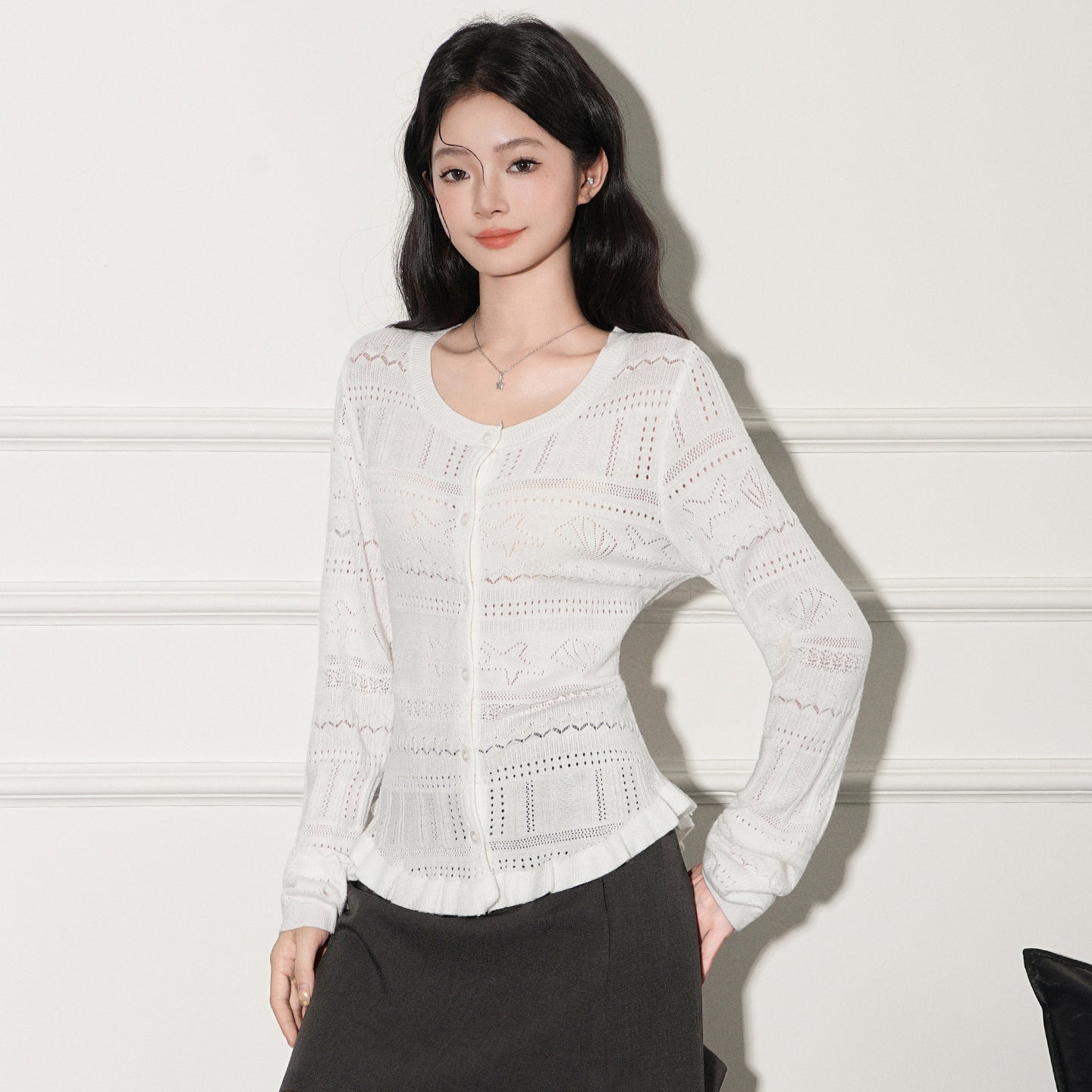 Hollow-out Design Long Sleeve Knit Cardigan