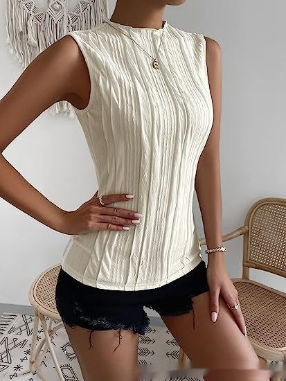 Women's Half Turtleneck Wide Pattern Vest Summer Retro Chic Sleeveless Top