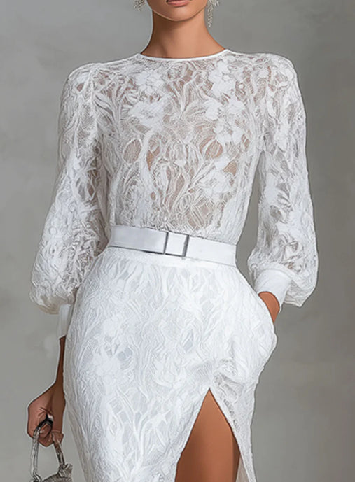 Elegant Round-neck Lace Long-sleeved Top And Slit Lace Skirt Set