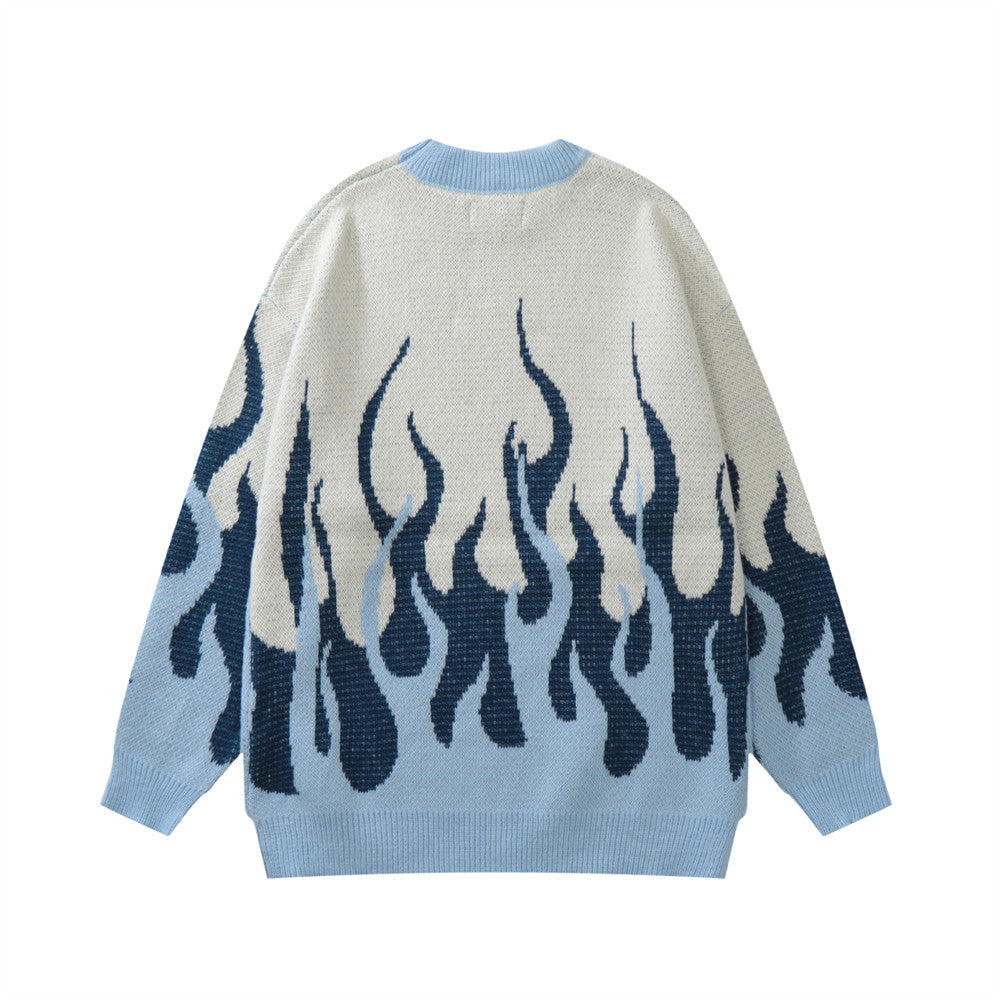 Design Abstract Flame Jacquard Pullover Knitted Sweater Men's
