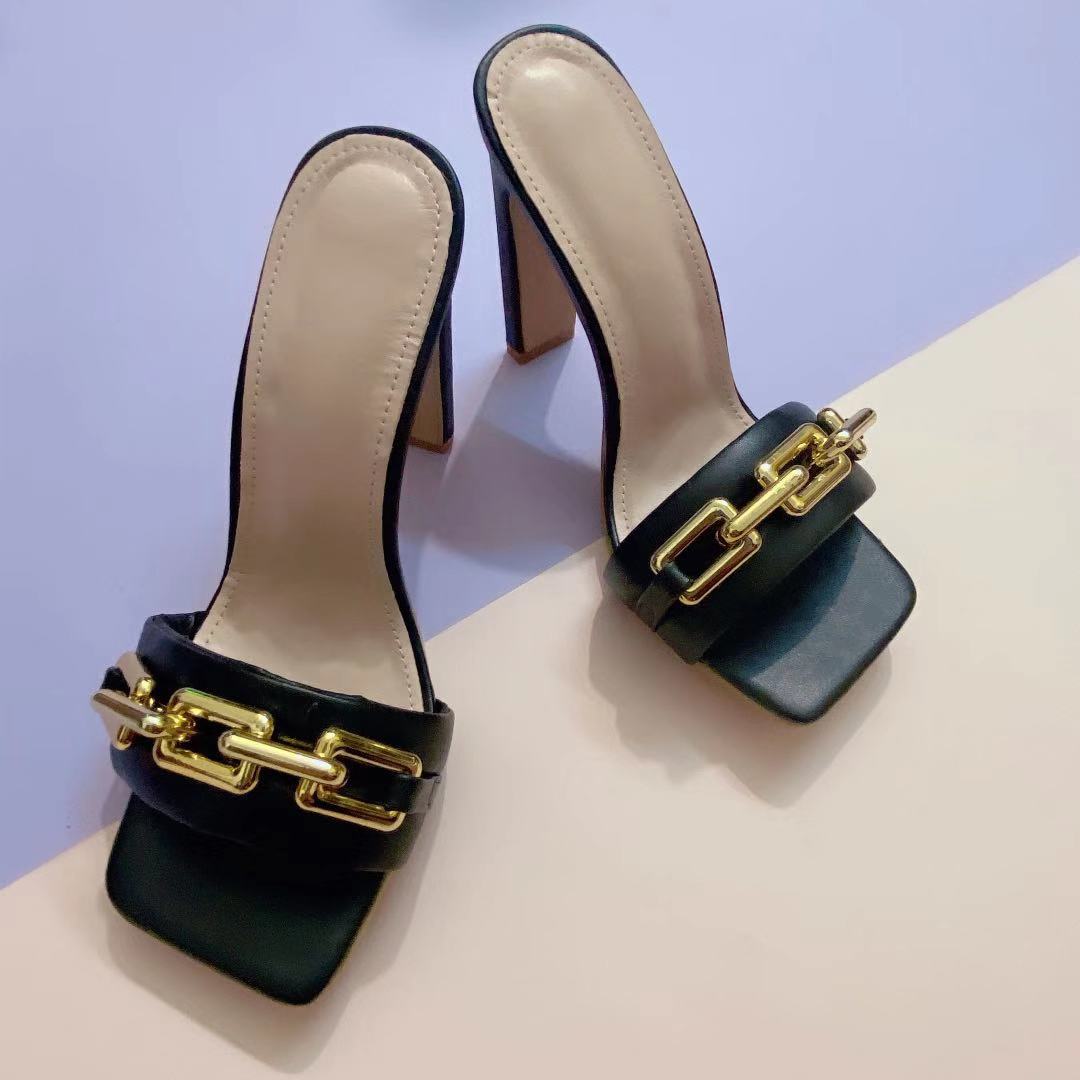 Sandals And Slippers Fashion Square Chain High Heel