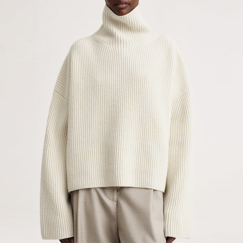 Women's Turtleneck Rib Drop Shoulder Loose Knitted Short