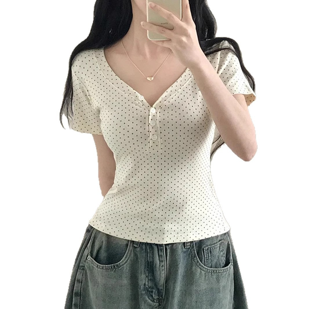 Polka Dot V-collar Contrast Color All-match Short Sleeve