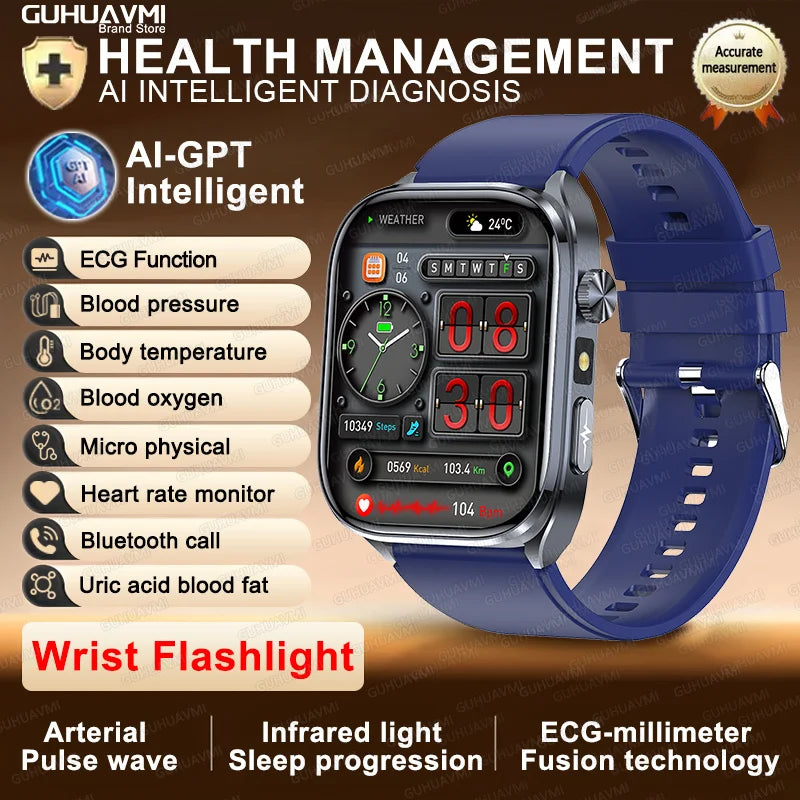 2025 New ECG+PPG AI Healthy Diagnose Smart Watch Men Blood Lipid Uric Acid BT Call Flashlight Blood Pressure Health Smartwatch
