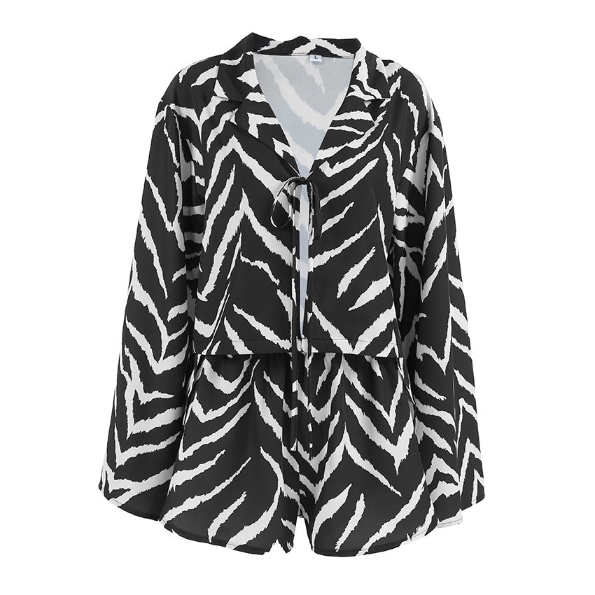 Womens Printed Long Sleeve Shorts Pajama Set Loose And Comfortable Perfect As Loungewear Or Even For Wearing Outside