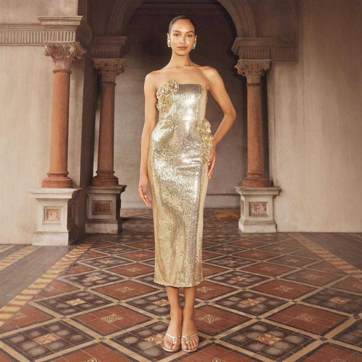 Womens Golden 3D Floral Tube Dress